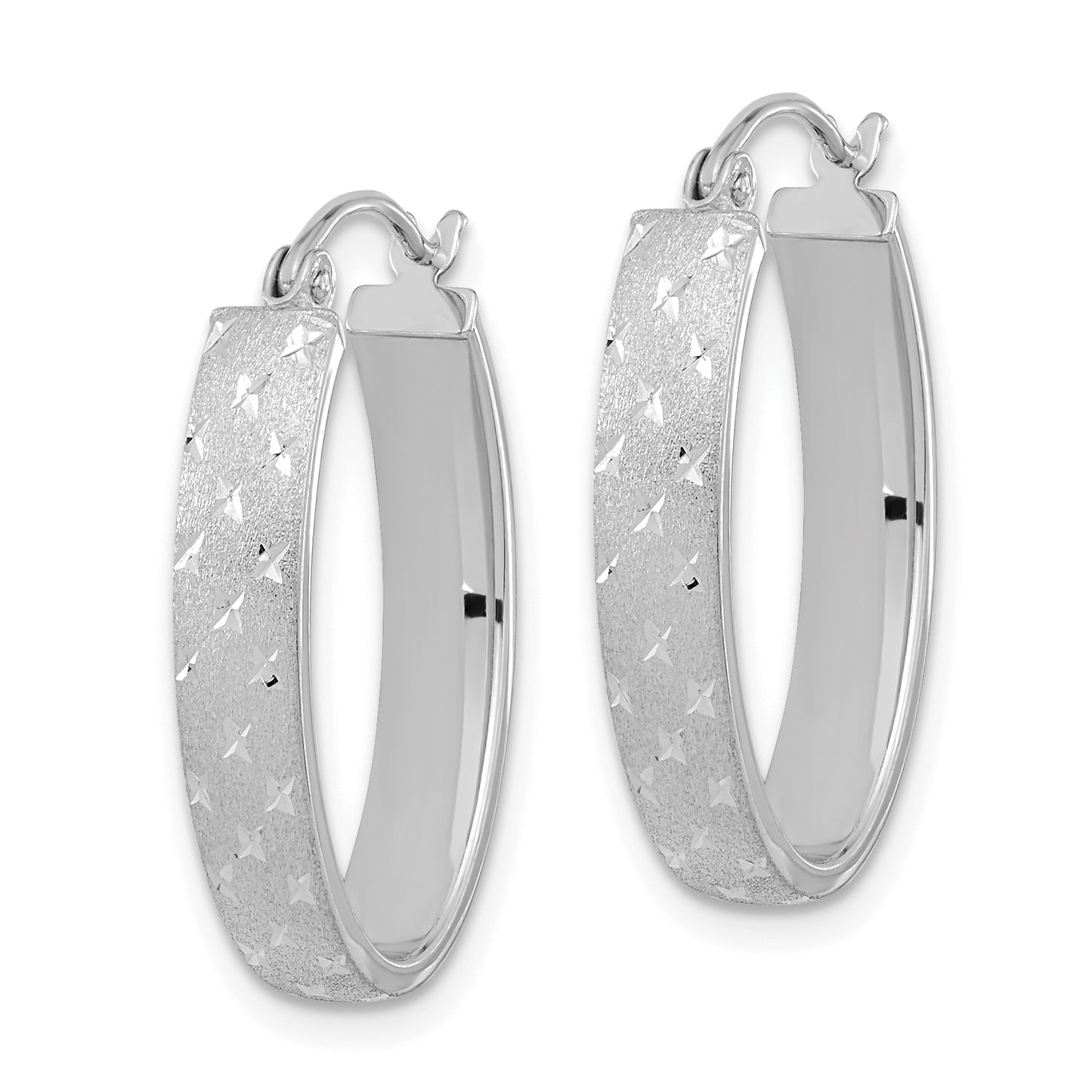 14K White Gold Polished Satindiamond-Cut Hoop Earrings