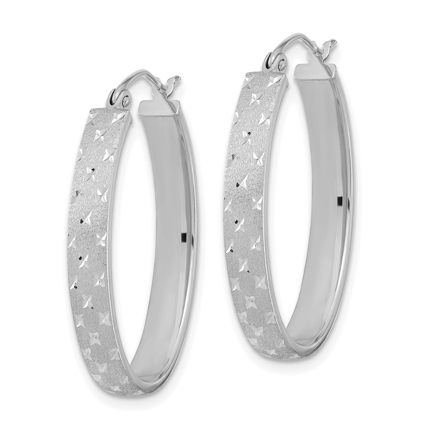 14K White Gold Polished Satin Diamond-Cut Hoop Earrings