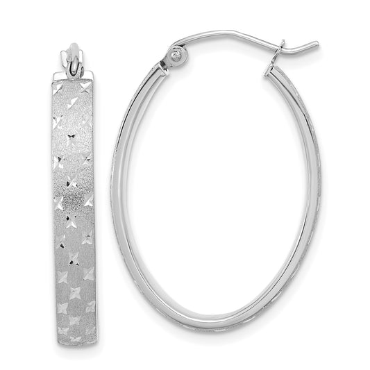 14K White Gold Polished Satin Diamond-Cut Hoop Earrings