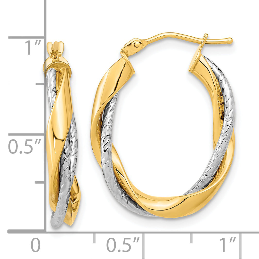 14K Two-Tone Polished Rope Twisted Oval Hoop Earrings