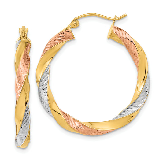 14K Yellow & Rhodium Tri-Color Polished D/C Twist Hoop Earrings