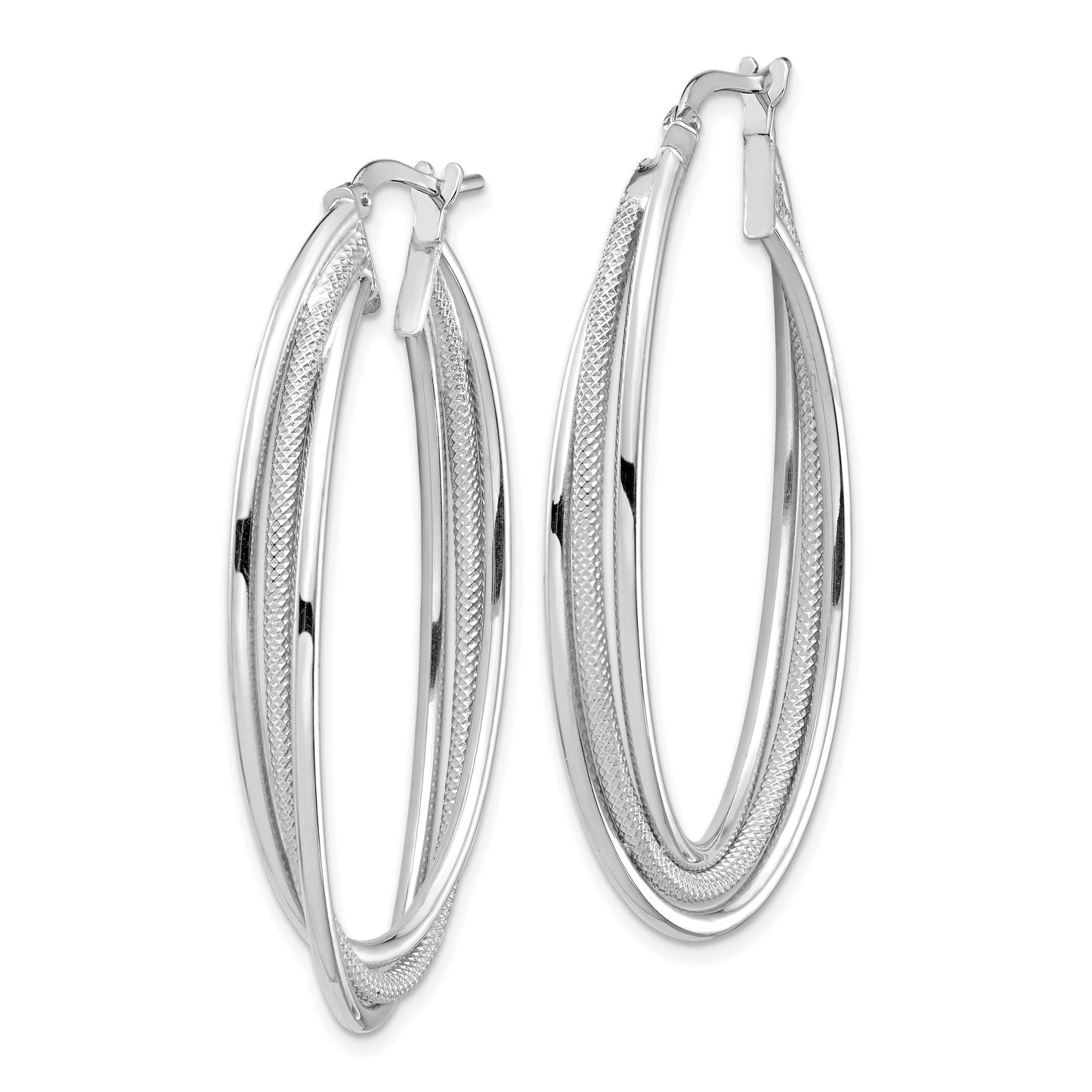 14K White Gold Polished And Textured Twisted Fancy Oval Hoop Earrings