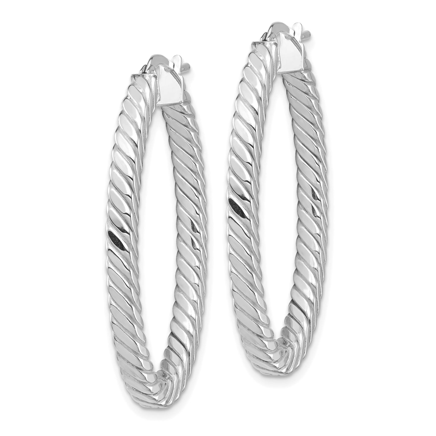 14K White Gold Polished & Twisted 3mm Square Tube Oval Hoop Earrings