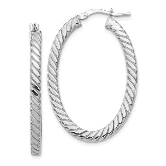 14K White Gold Polished & Twisted 3mm Square Tube Oval Hoop Earrings