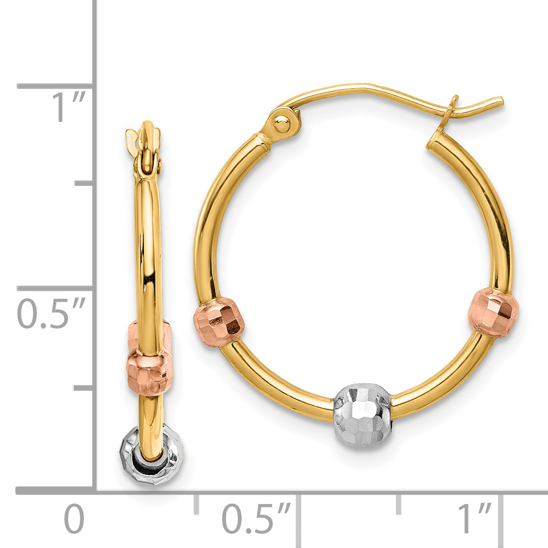 14K Tri-Color Polished With D/C Beads Hoop Earrings