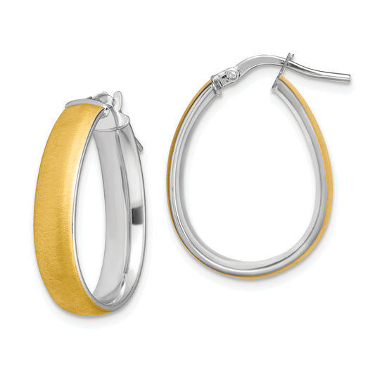 14K Yellow & Rhodium And White 4.85X18.5mm Satin Polished Teardrop Hoop Earrings