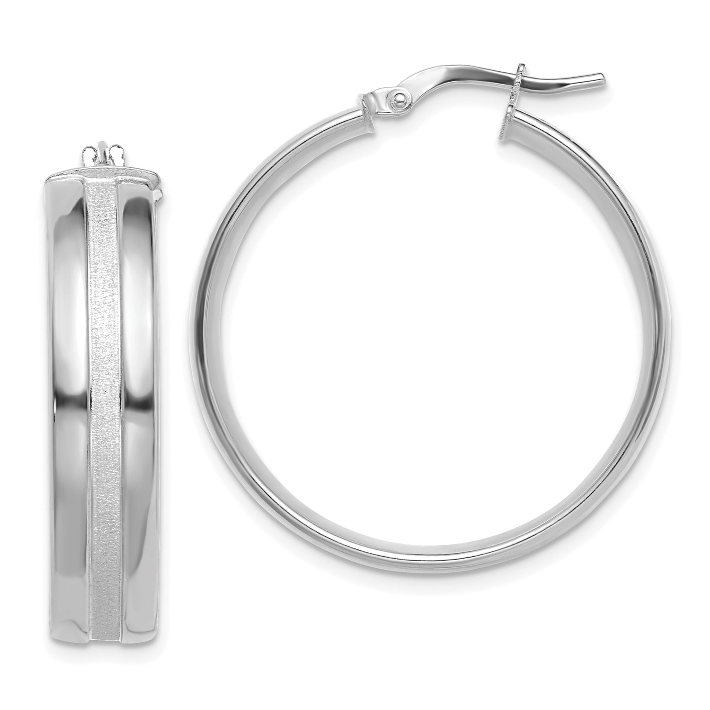 14K White Gold 30mm Satin And Polished Hoop Earrings