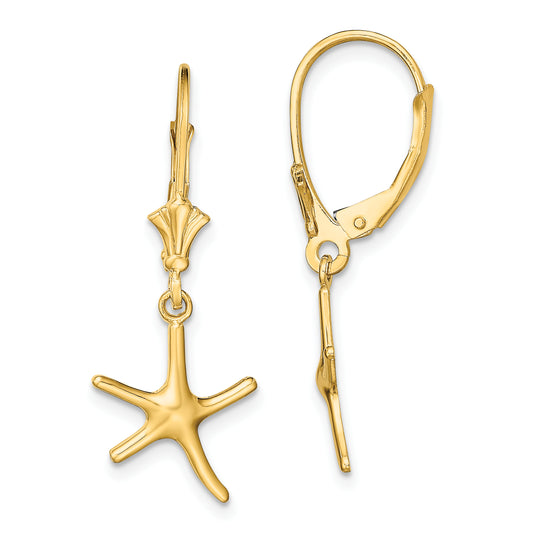 14K Yellow Gold Mini Dancing Starfish Leverback Earrings