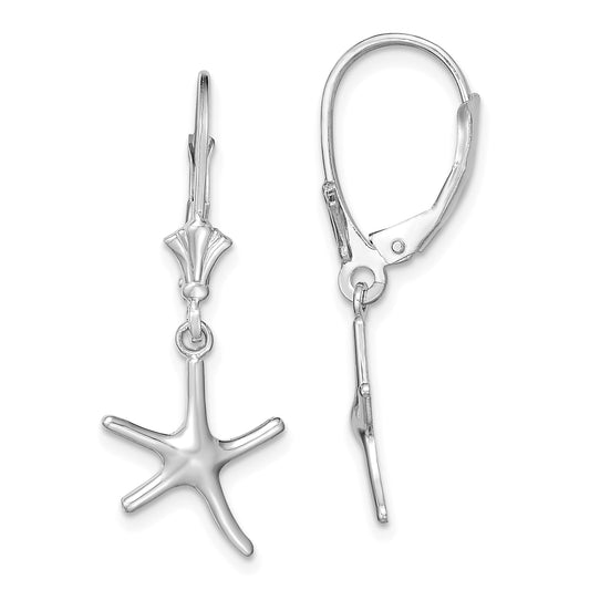 14K White Gold 3-D Mini Starfish Leverback Earrings