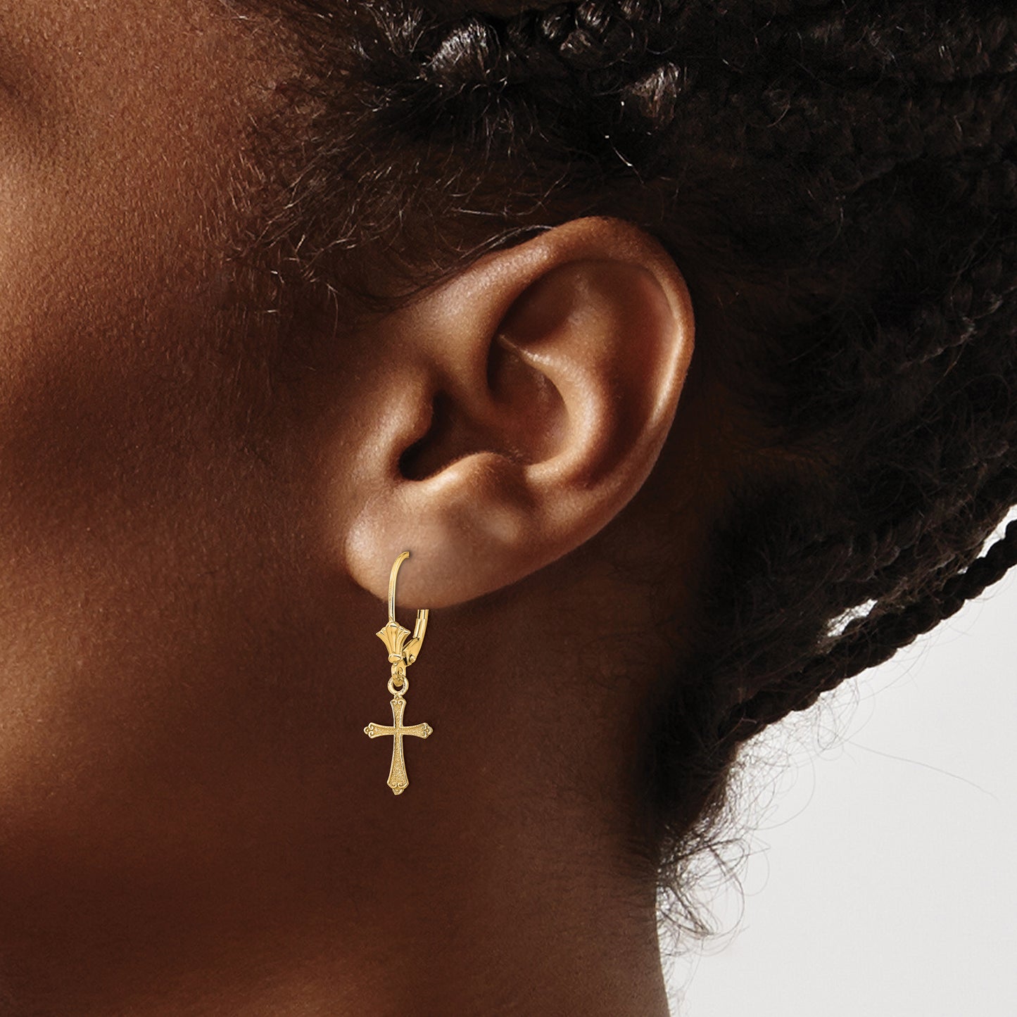 14K Yellow Gold Cross Leverback Earrings