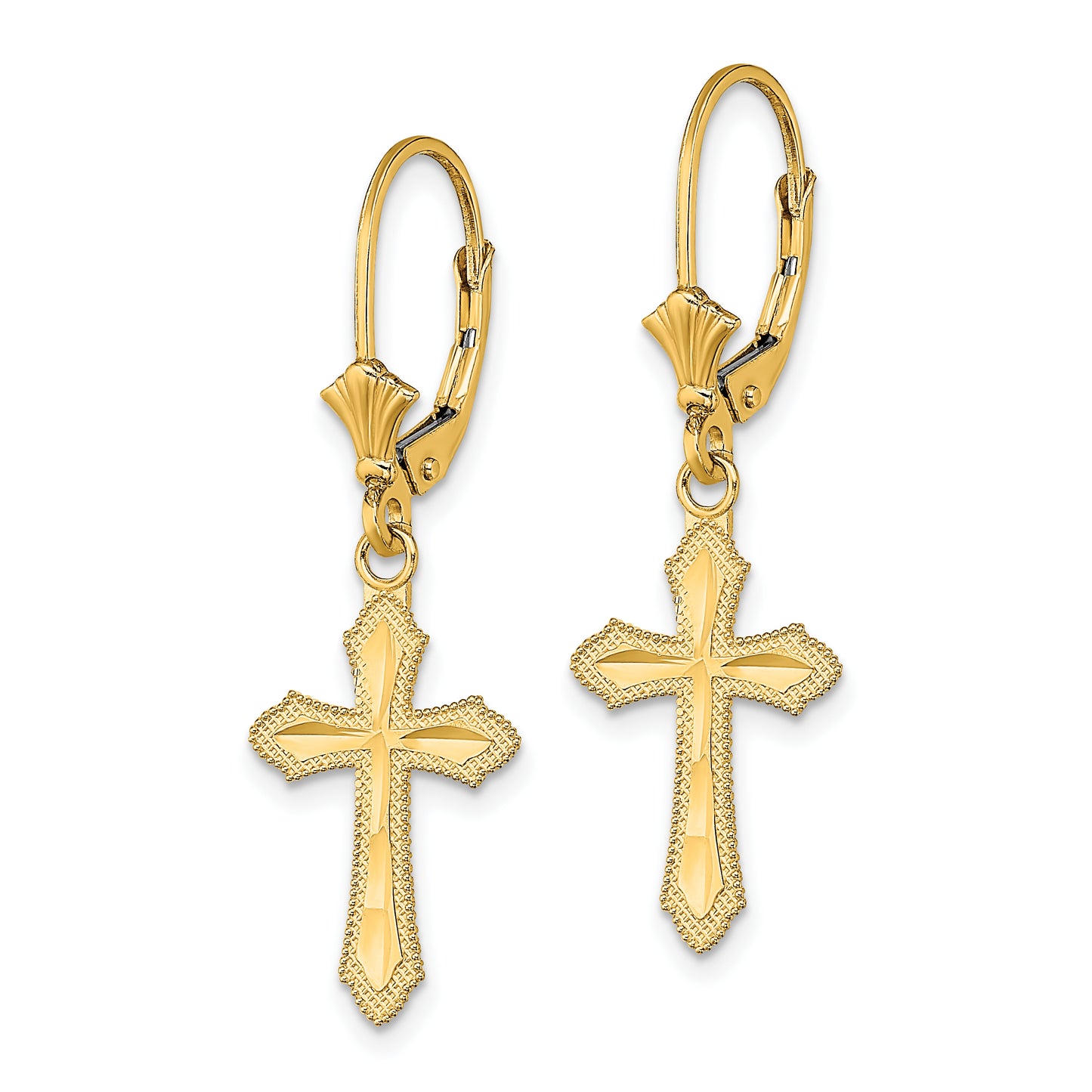 14K Yellow Gold D/C Cross W/ Beaded Edge Leverback Earrings