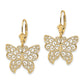 14K Yellow Gold Butterfly W/ Beaded Filigree Wings Leverback Earrings