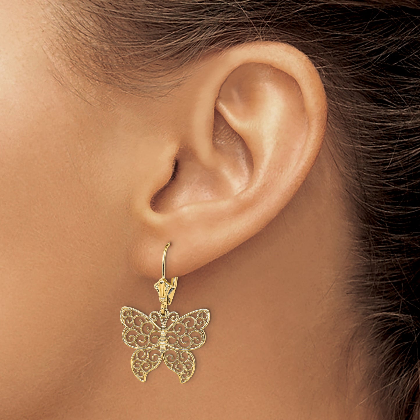 14K Yellow Gold Butterfly W/ Beaded Filigree Wings Leverback Earrings