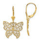 14K Yellow Gold Butterfly W/ Beaded Filigree Wings Leverback Earrings