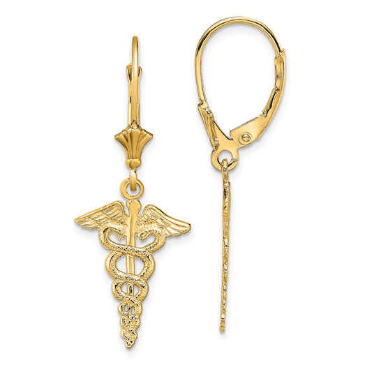 14K Yellow Gold Caduceus Leverback Earrings