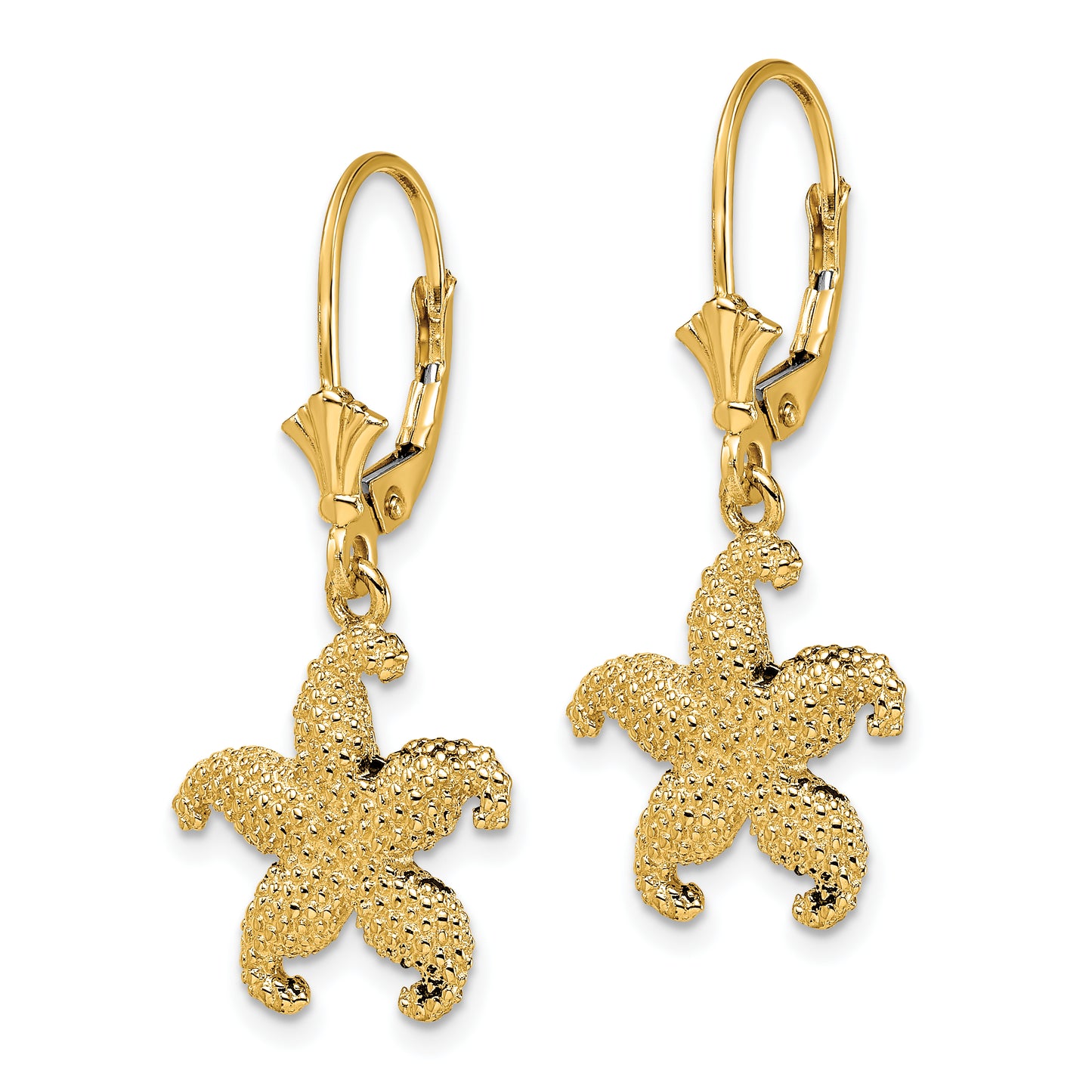 14K Yellow Gold 2-D Puffed Starfish Leverback Earrings