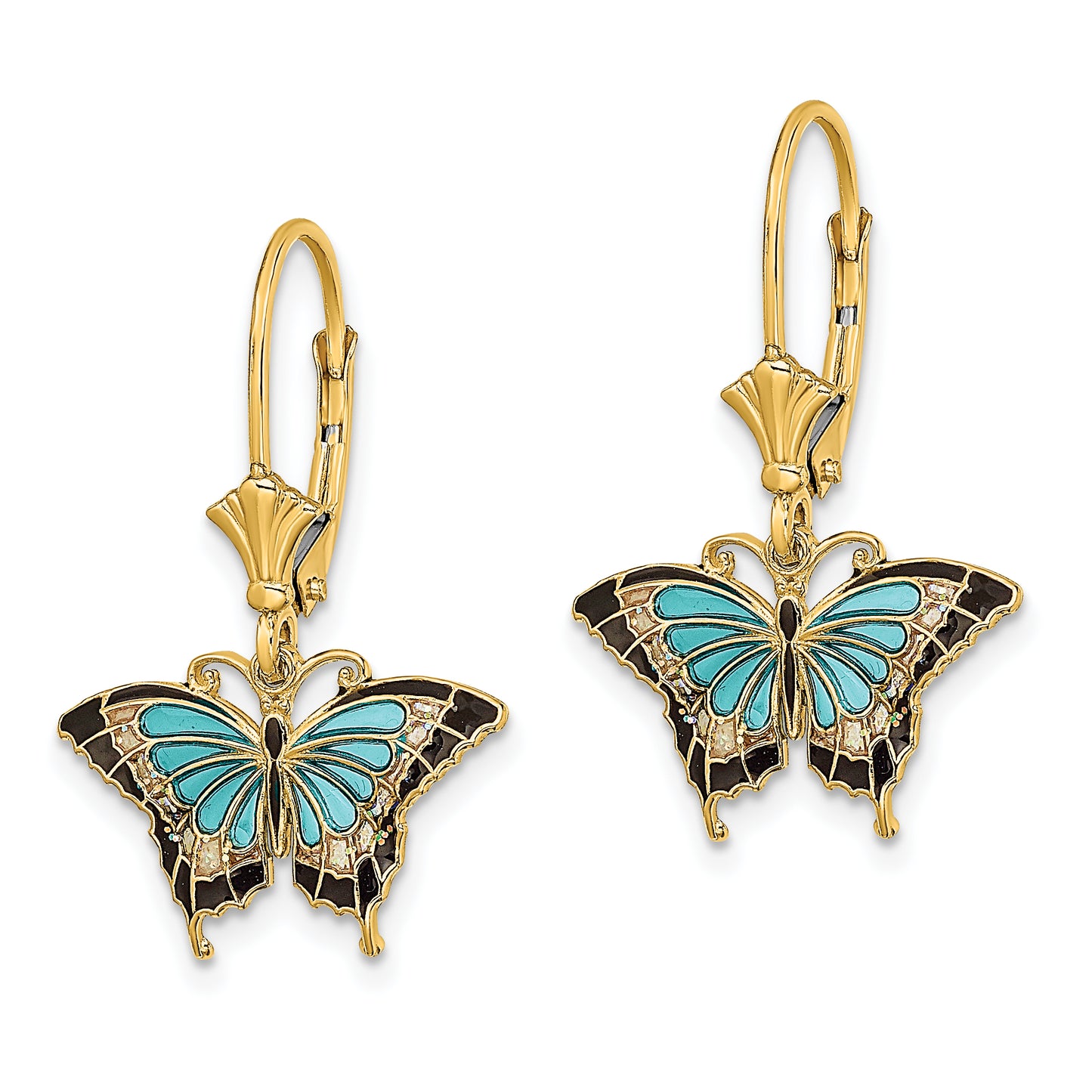 14K Yellow Gold W/Aqua Enameled Wings Butterfly Leverback Earrings