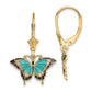 14K Yellow Gold W/Aqua Enameled Wings Butterfly Leverback Earrings