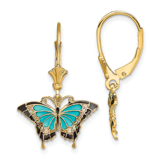 14K Yellow Gold W/Aqua Enameled Wings Butterfly Leverback Earrings