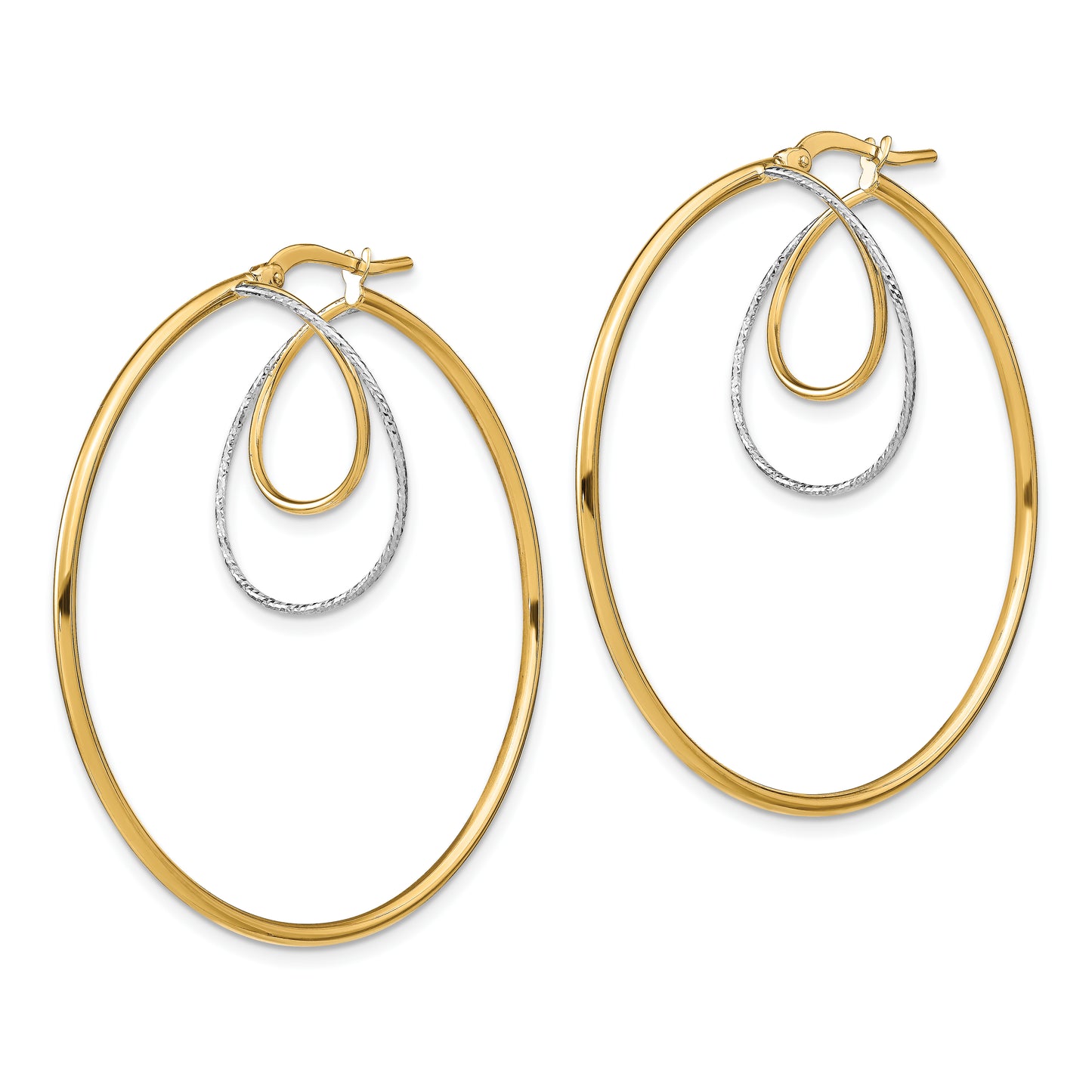 14K Yellow & Rhodium W/ White Diamond-Cut Twisted Circles Inside Hoop Earrings