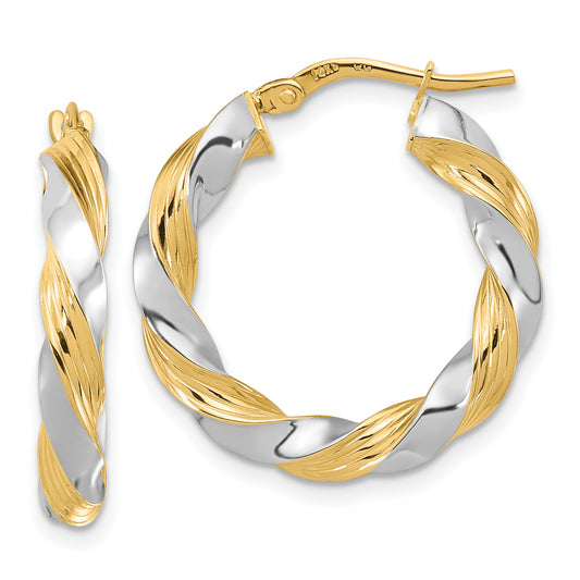 14K Yellow & Rhodium W/White Polished Twisted Hoop Earrings