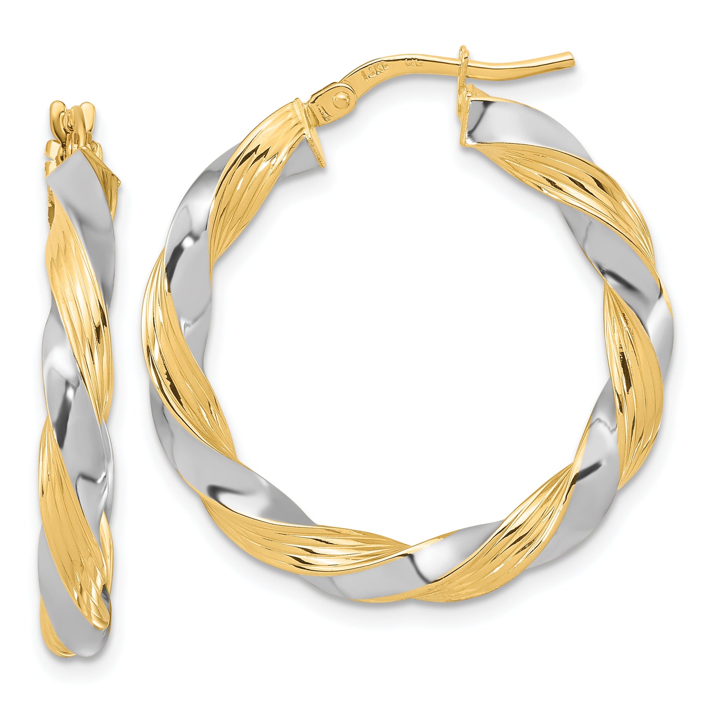 14K Yellow & Rhodium W/White Polished Twisted Hoop Earrings