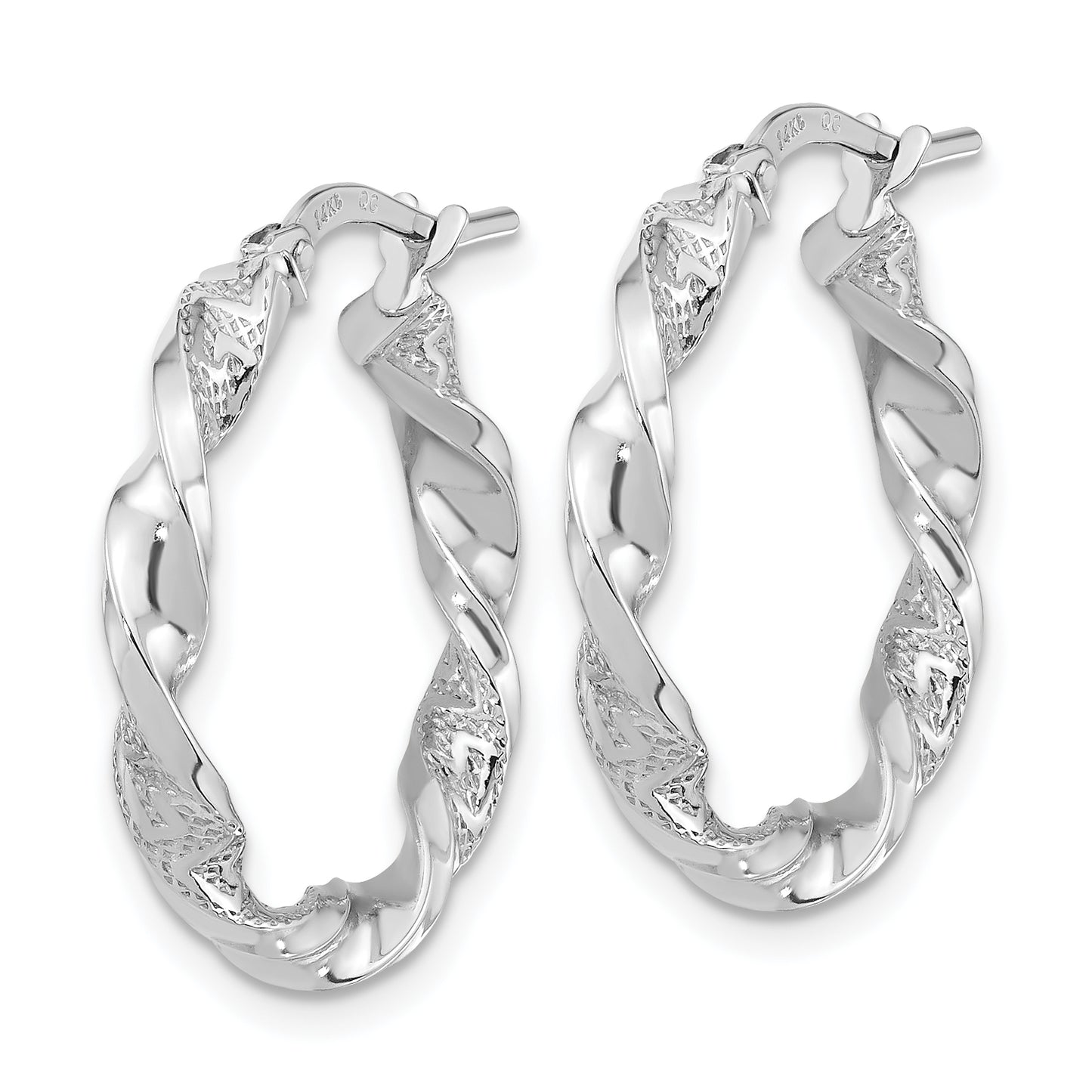 14K White Gold Polished And Textured Twisted Hoop Earrings