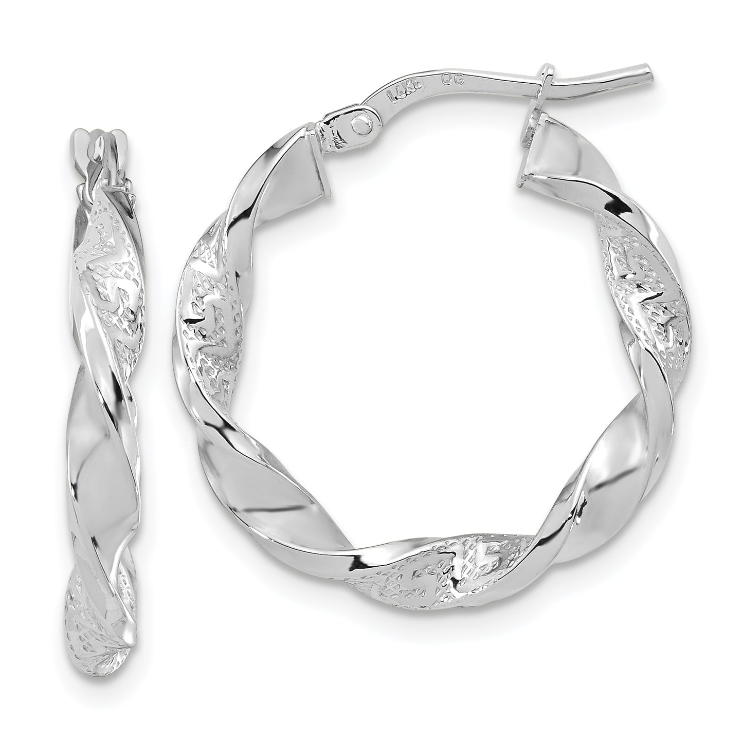 14K White Gold Polished And Textured Twisted Hoop Earrings