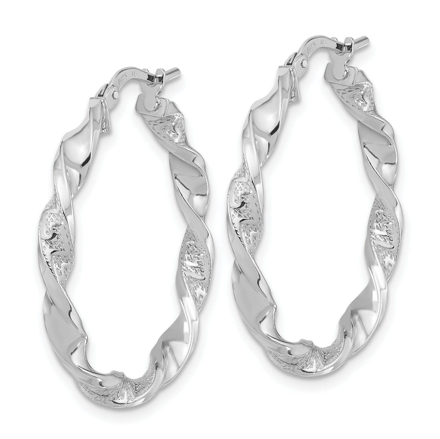 14K White Gold Polished And Textured Twisted Hoop Earrings