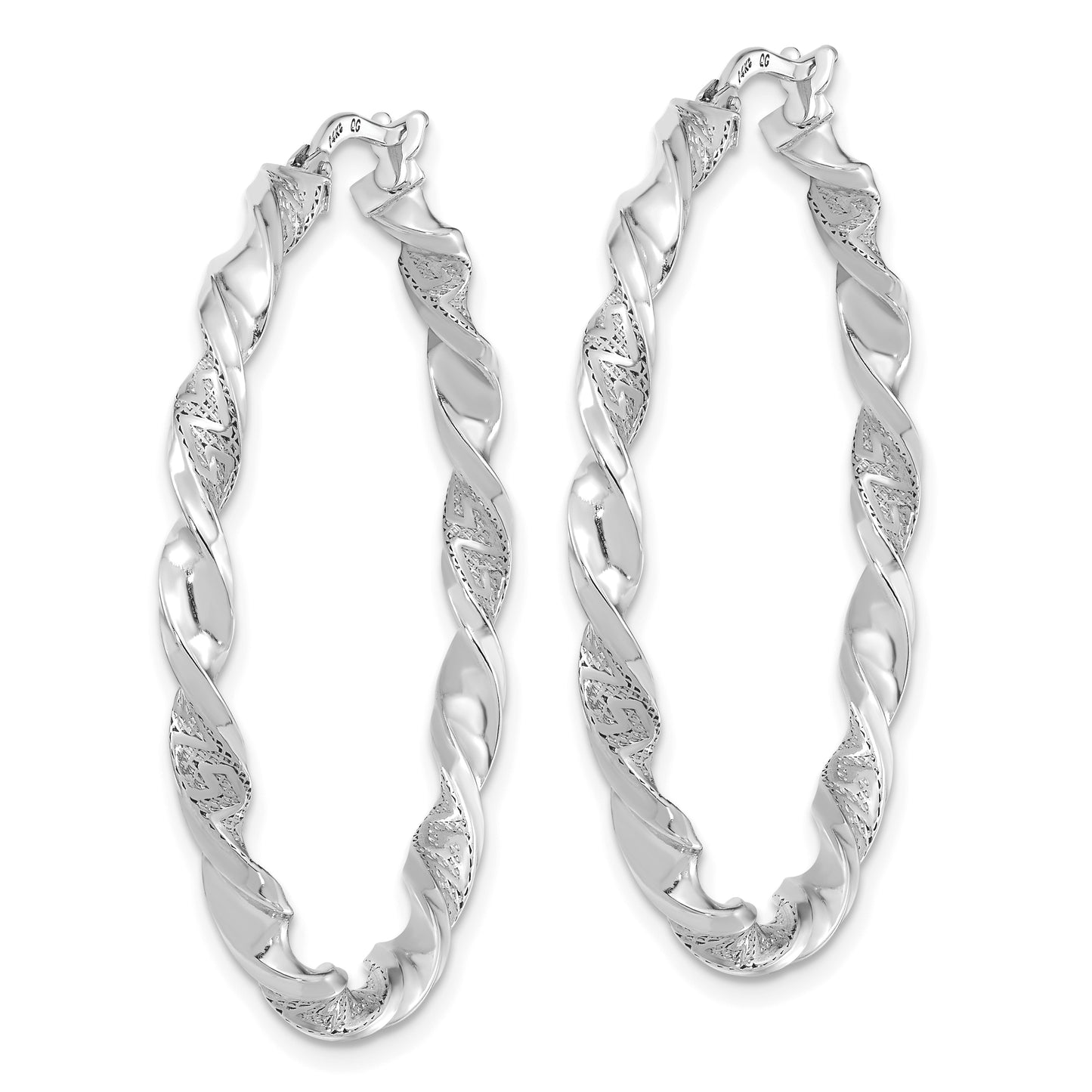 14K White Gold Polished And Textured Twisted Hoop Earrings