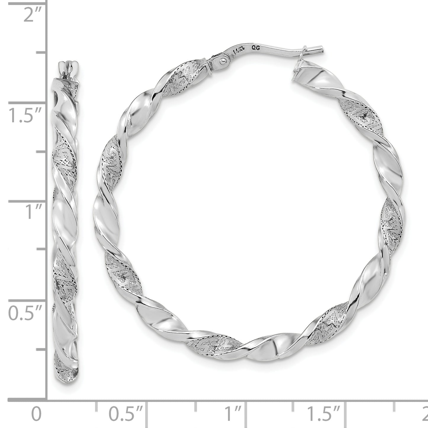 14K White Gold Polished And Textured Twisted Hoop Earrings