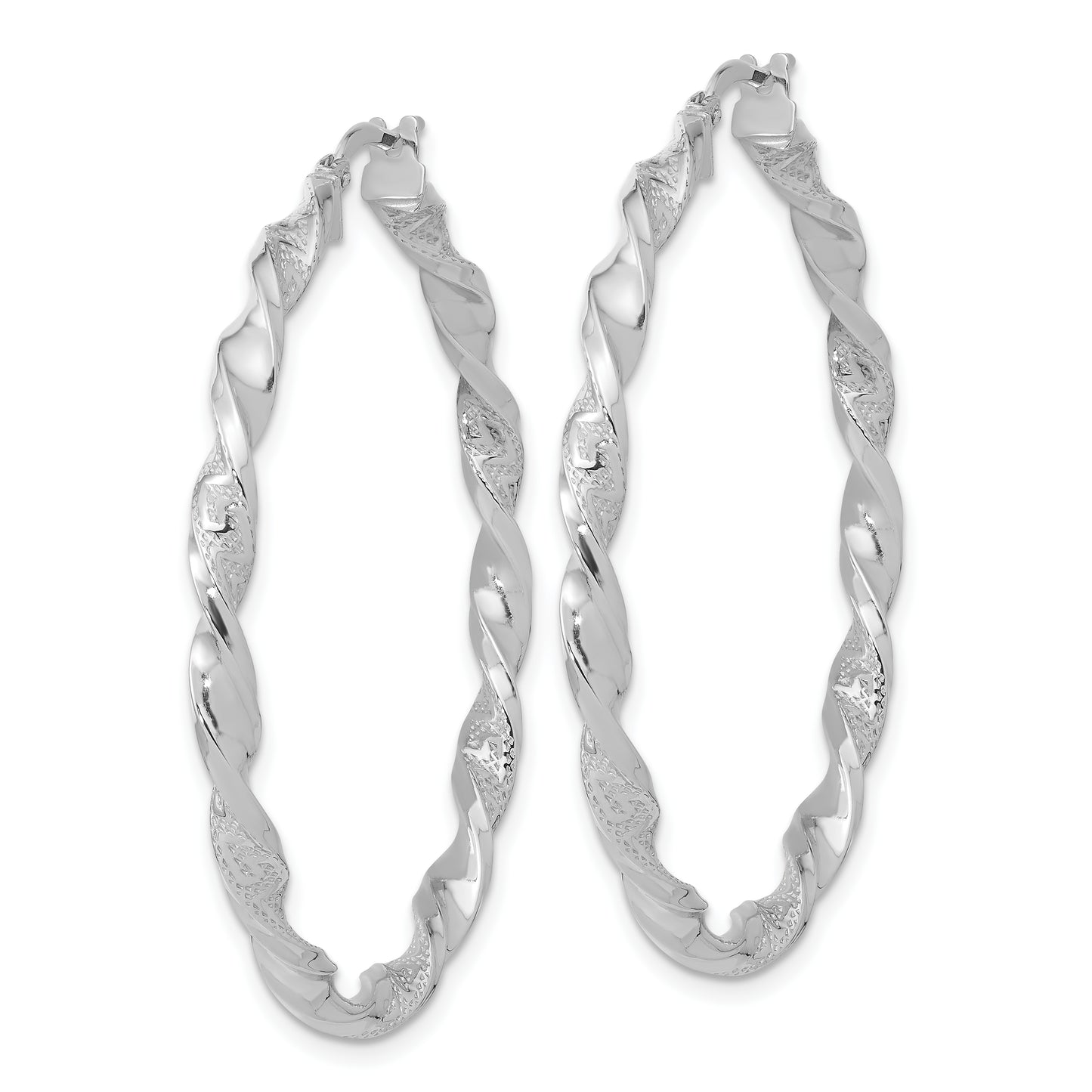 14K White Gold Polished And Textured Twisted Hoop Earrings