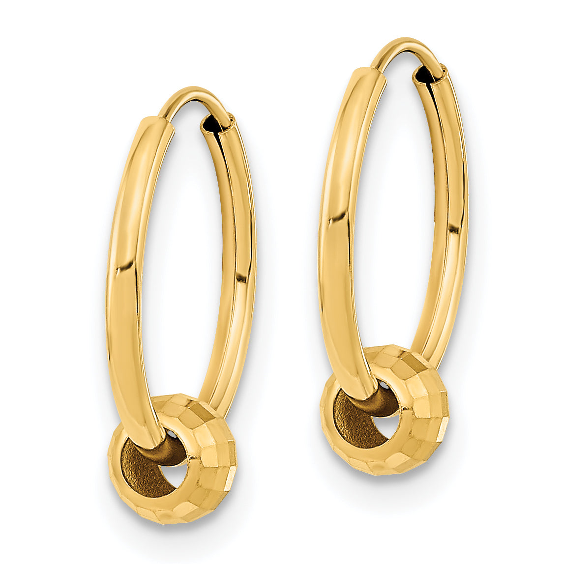 14K Yellow Gold Polished With Diamond Cut Ball Hoop Earrings