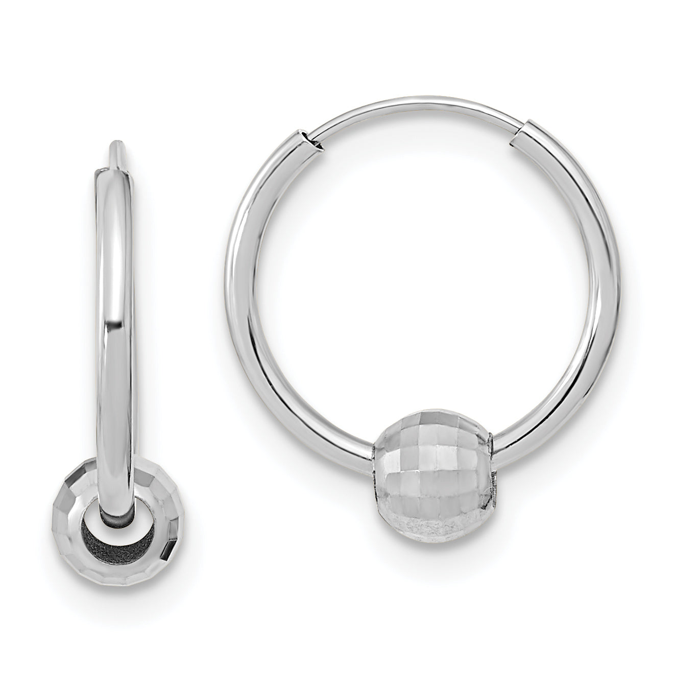 14K White Gold Polished Hoop With A Diamond Cut Ball Earrings