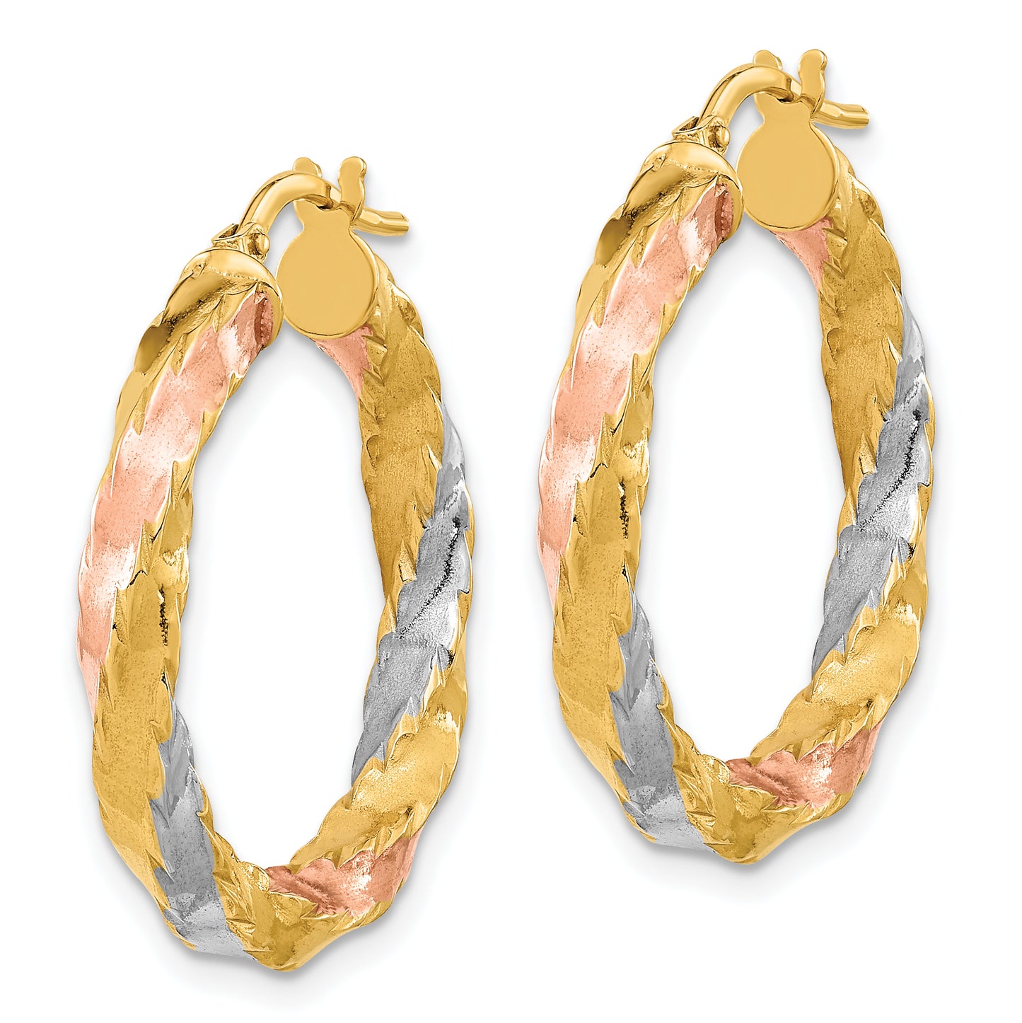 14K Yellow & Rhodium With Rose White Polished Twisted Hoop Earrings