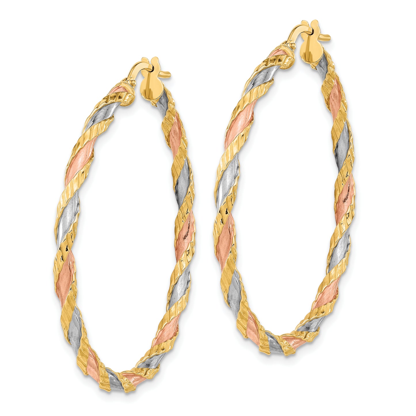 14K Yellow & Rhodium With Rose White Textured Twisted Hoop Earrings