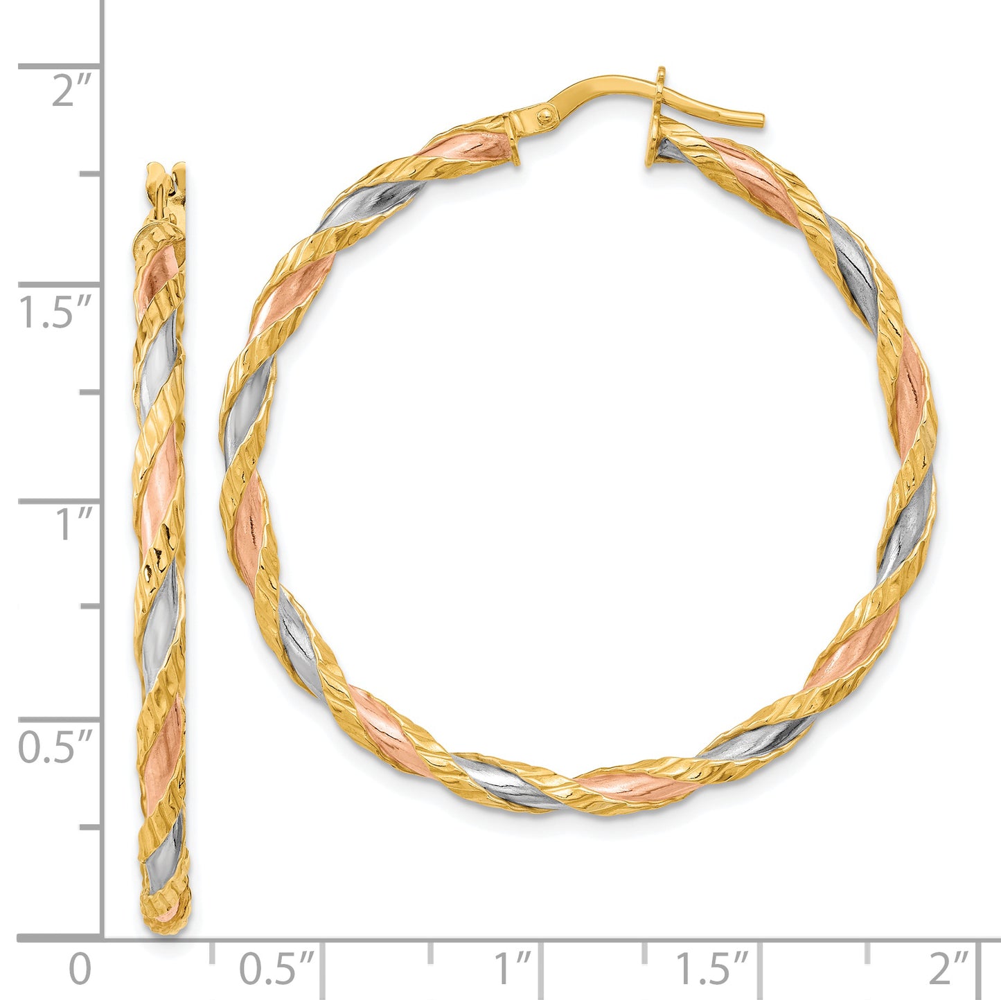 14K Yellow & Rhodium With Rose White Textured Twisted Hoop Earrings