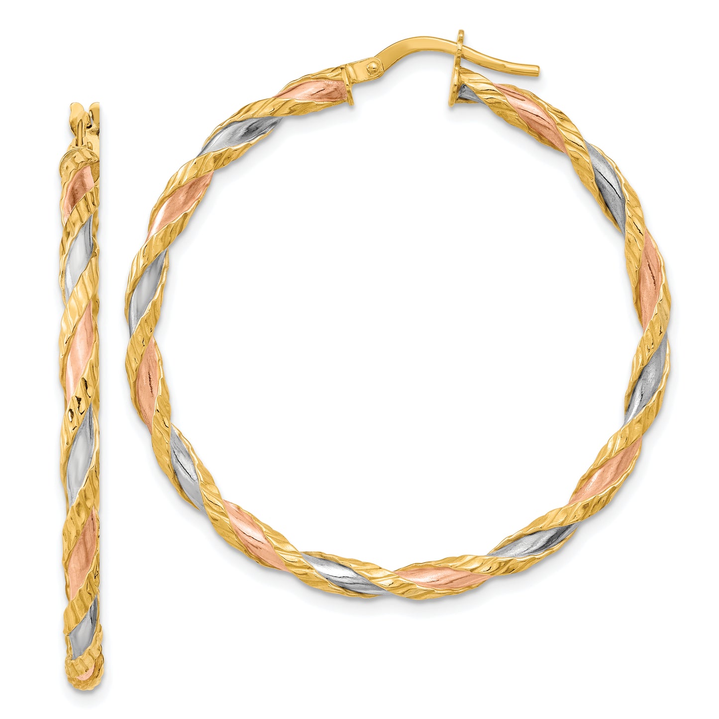 14K Yellow & Rhodium With Rose White Textured Twisted Hoop Earrings