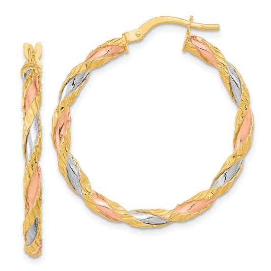 14K Yellow & Rhodium With Rose And White Textured Twisted Hoop Earrings