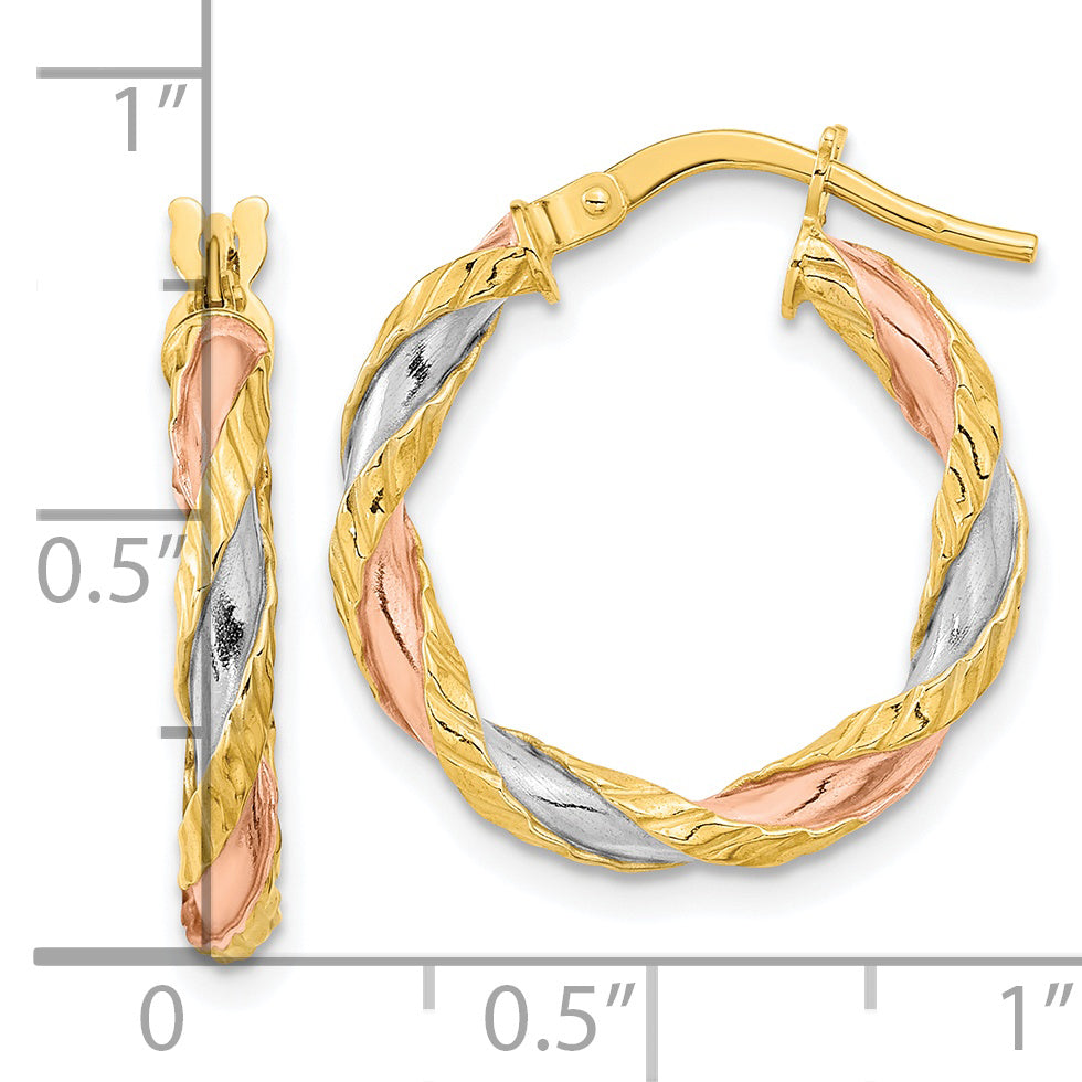 14K Yellow & Rhodium With Rose White Textured Twisted Hoop Earrings