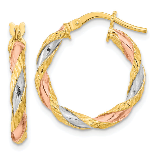 14K Yellow & Rhodium With Rose White Textured Twisted Hoop Earrings