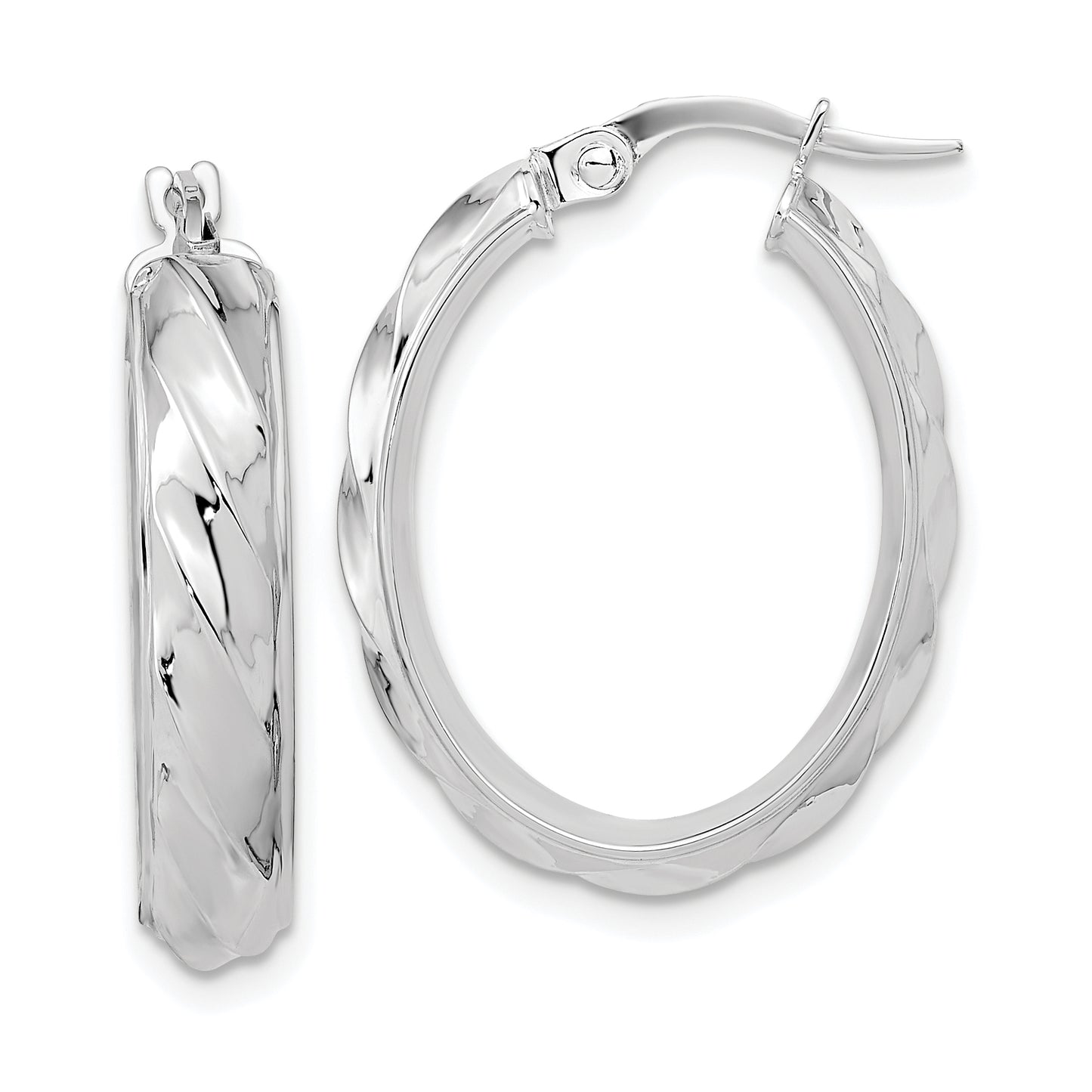 14K White Gold Polished And Twisted Oval Hoop Earrings