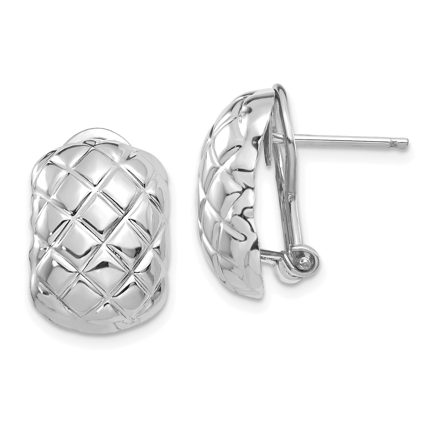 14K White Gold Polished Quilted Omega Back Post Earrings