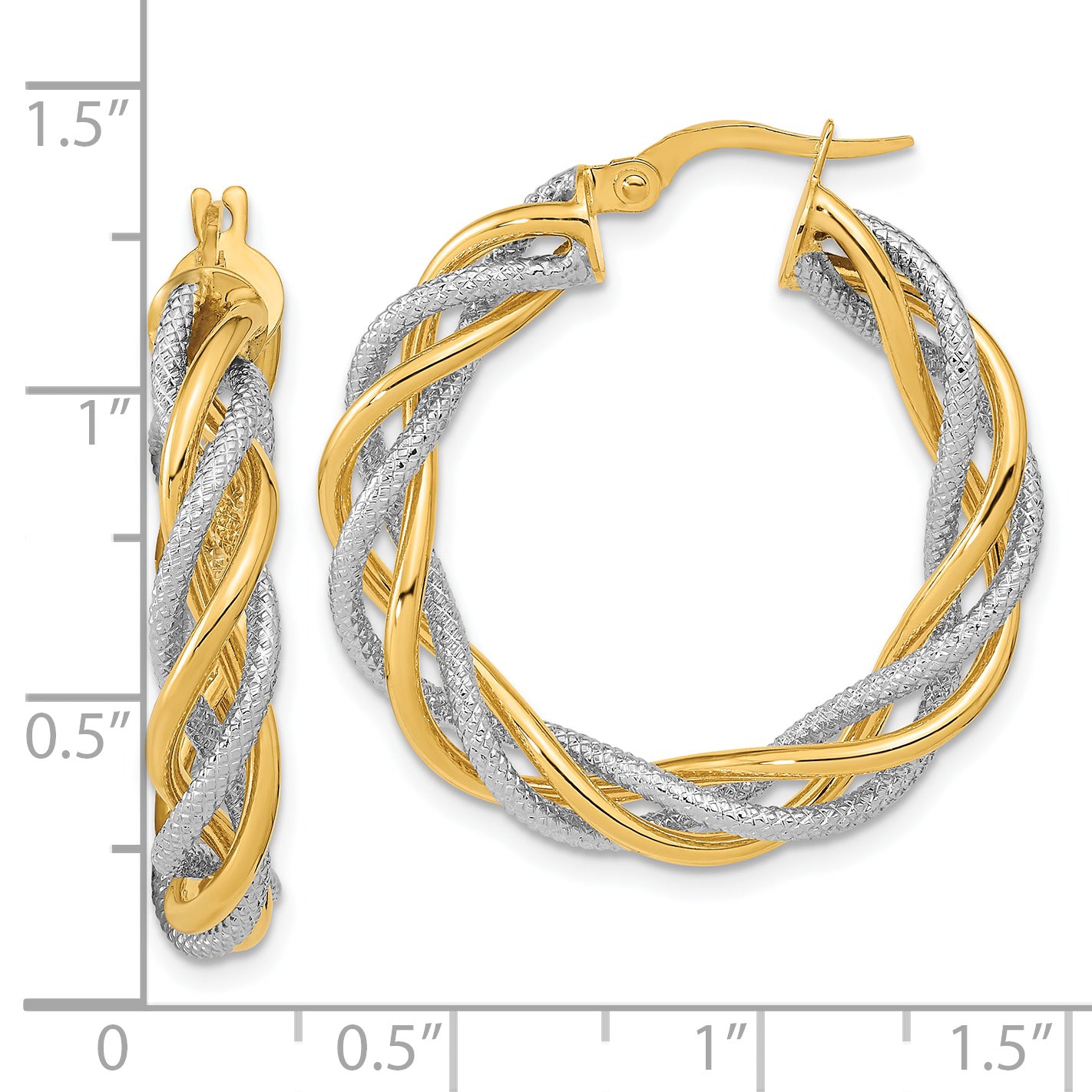 14K Yellow & Rhodium And White Polished Textured Twisted Hoop Earrings