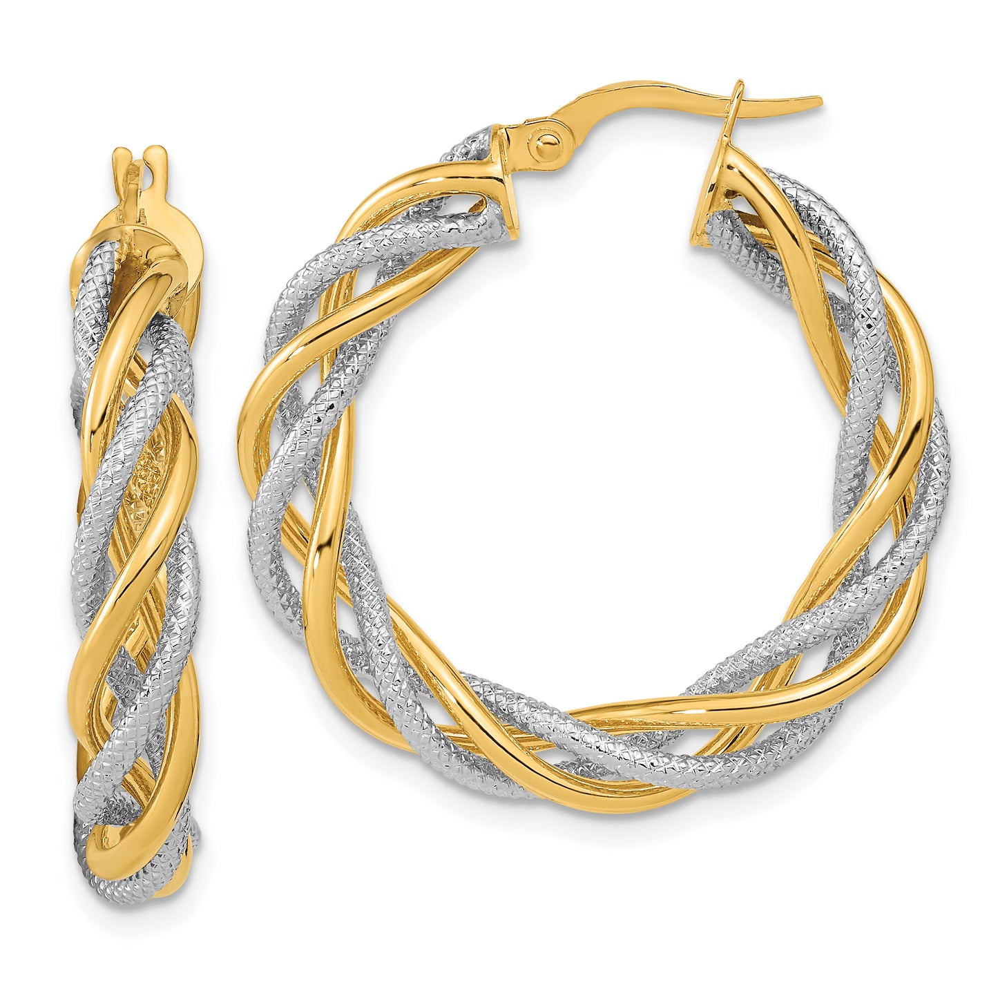 14K Yellow & Rhodium And White Polished Textured Twisted Hoop Earrings