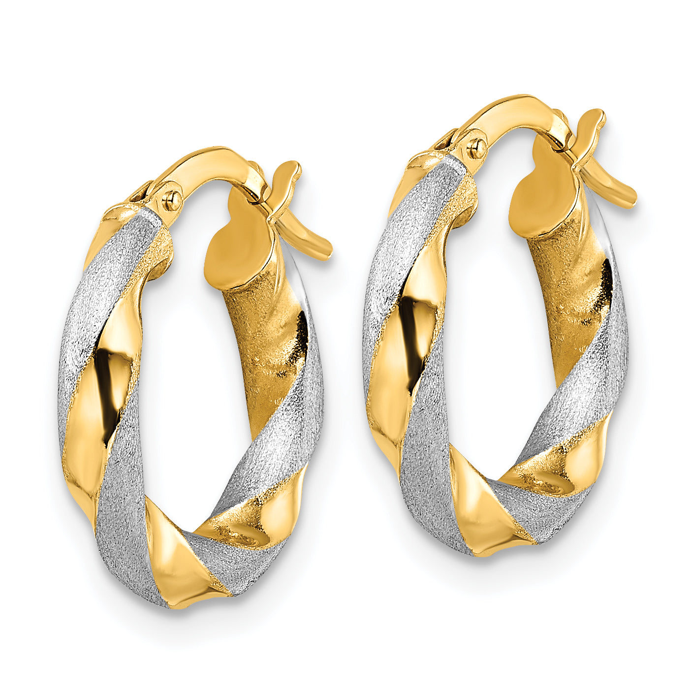 14K Yellow & Rhodium W/ White Brushed And Polished Twisted Hoop Earrings