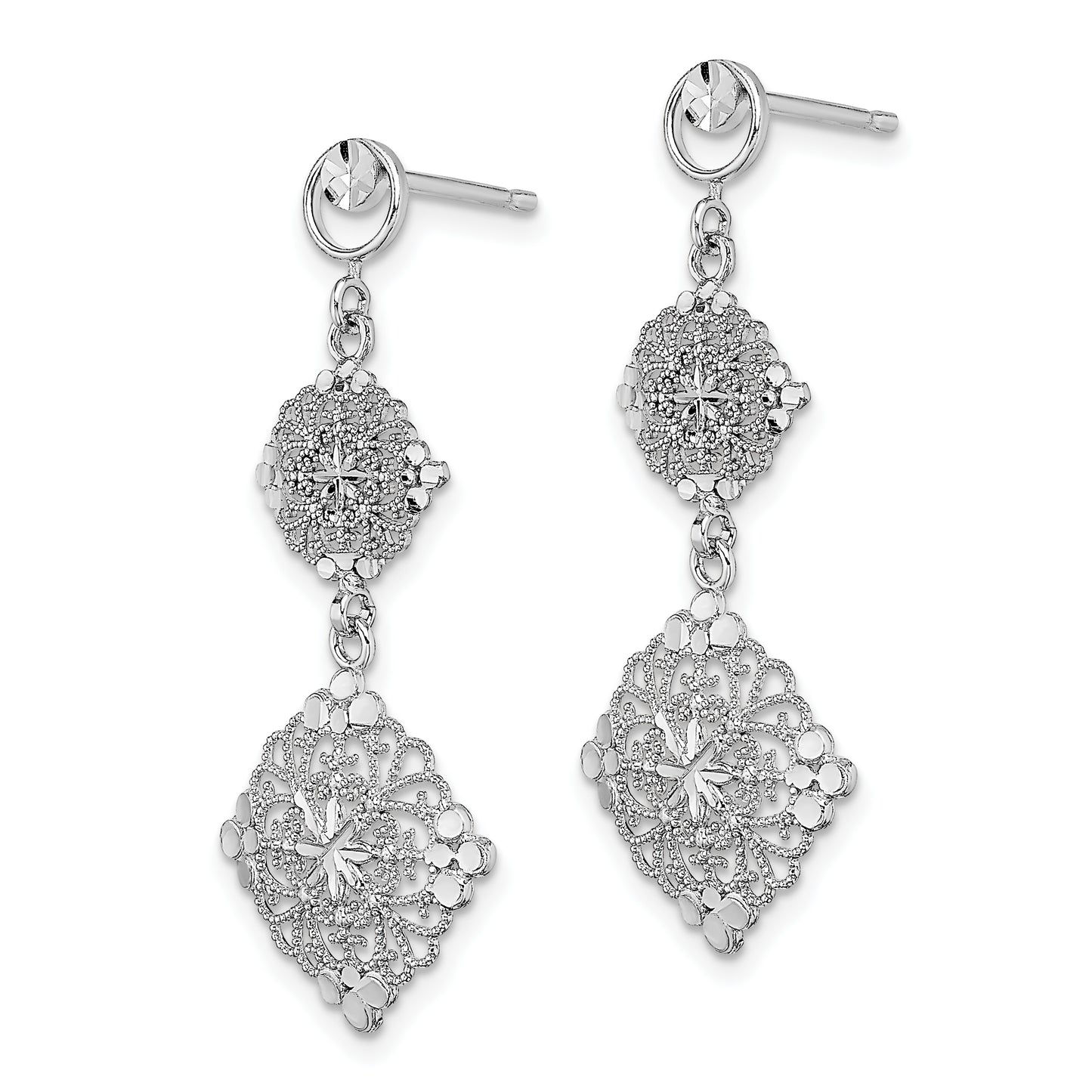 14K White Gold D/C Filigree Medallion Drop Earrings