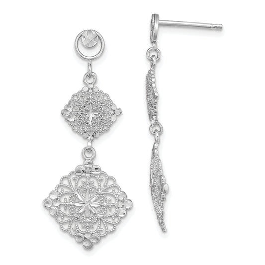 14K White Gold D/C Filigree Medallion Drop Earrings