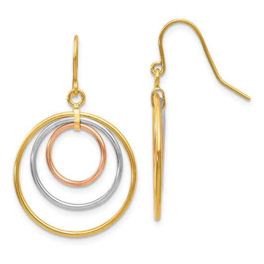 14K Tri-Color Circle Dangle Earrings