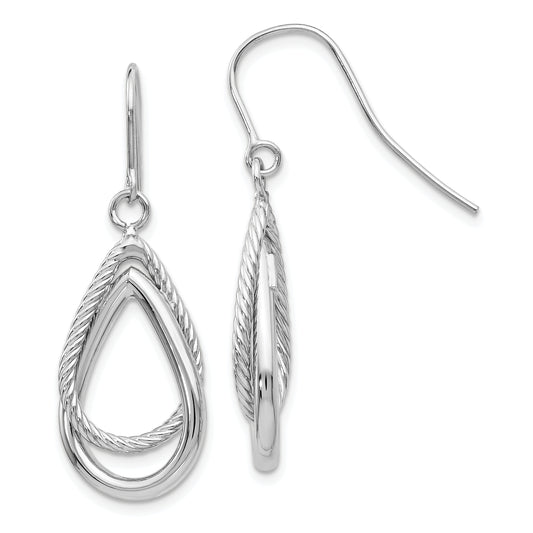 14K White Gold Polished And Textured Teardrop Shepherd Hook Earrings